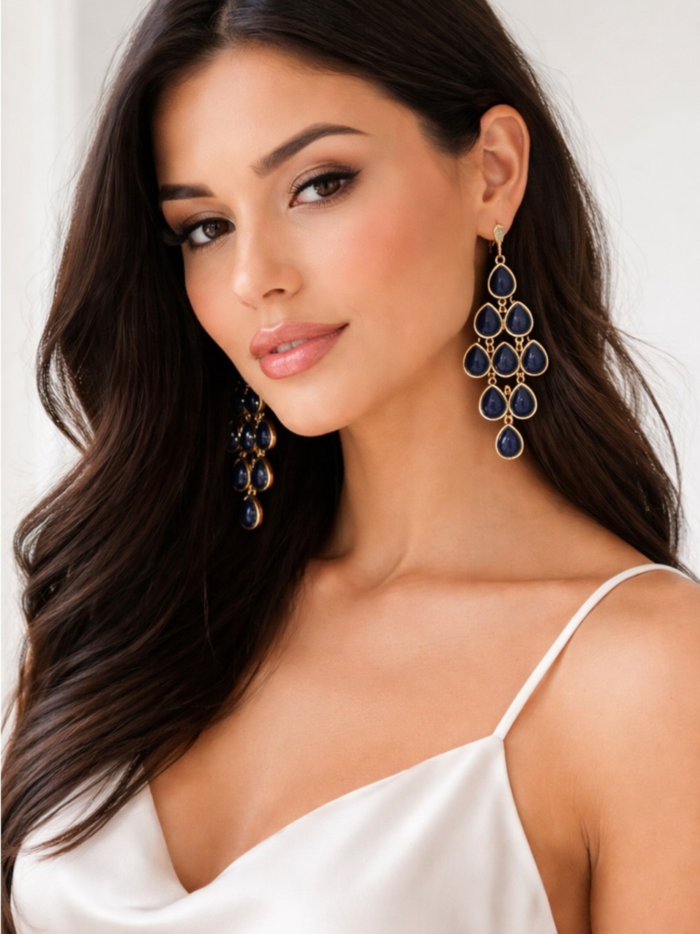 Navy Blue Teardrop Chandelier Earrings Gold Tone Statement Drop